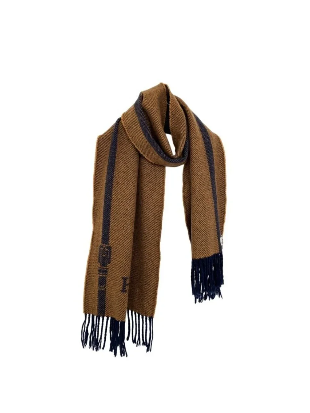 Hermes Vintage Cashmere Wool Reversible Fringe Scarf Navy Beige